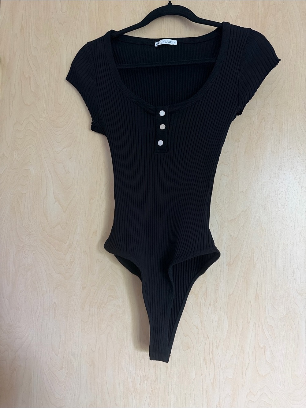 Zara Black Ribbed Short Sleeve Bodysuit with Button Placket